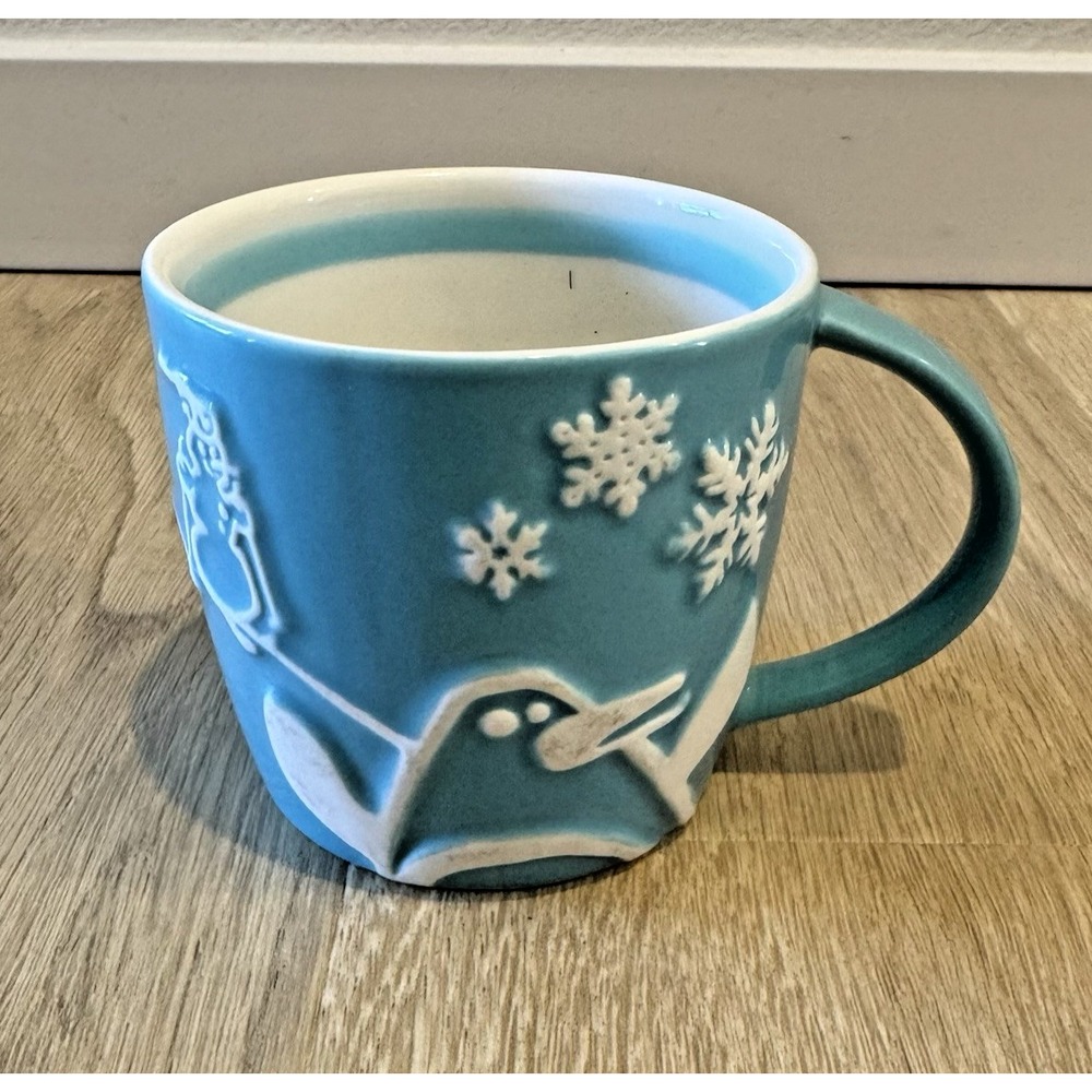 Starbucks Coffee Holiday 2007 Blue Snowflake Tree Penguin 8 Oz Tea Coffee Cup